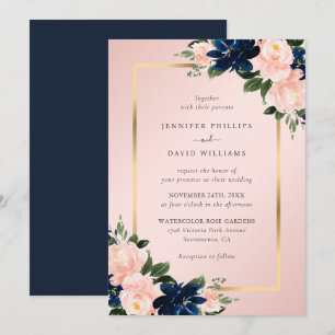 Navy Blue Gold Blush Pink Floral Wedding Invitation