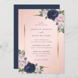 Navy Blue Gold Blush Pink Floral Wedding Invitation