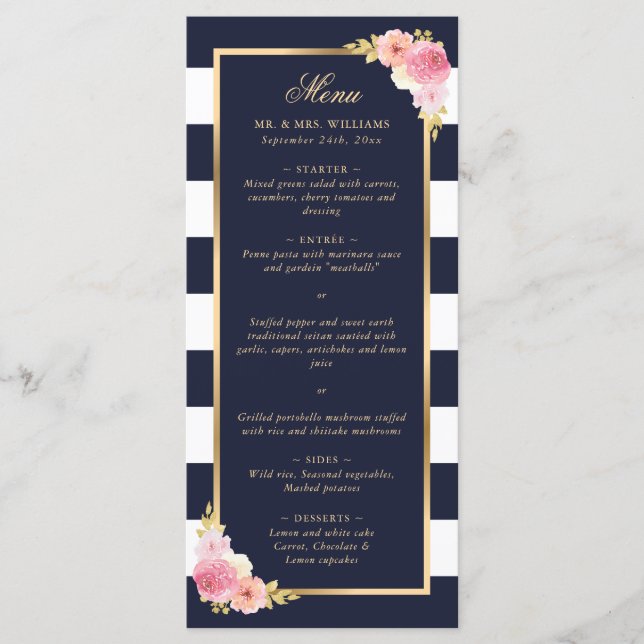 Navy Blue Gold Blush Pink Floral Wedding Menu (Front)