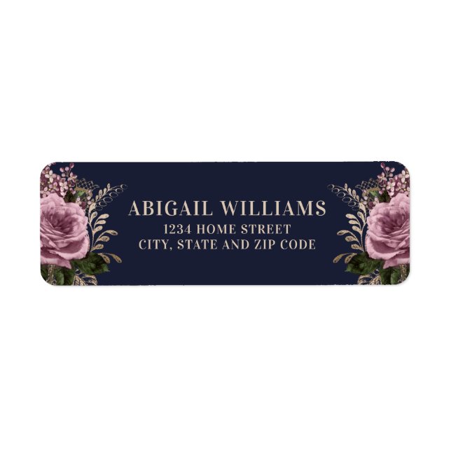 Navy Blue Gold Blush Pink Roses Return Address (Front)