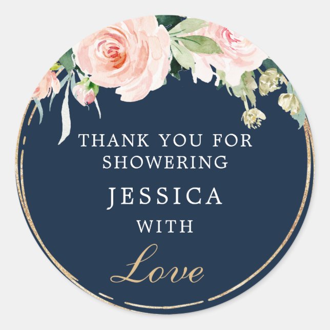 Navy Blue Gold Blush Shower Favour Sticker (Front)