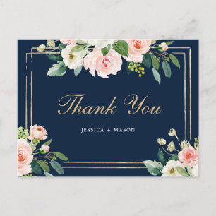 Navy Blue Gold Blush Thank You Postcard