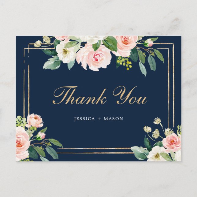 Navy Blue Gold Blush Thank You Postcard (Front)