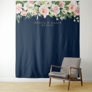 Navy Blue Gold Blush Wedding Backdrop Photo Booth Tapestry