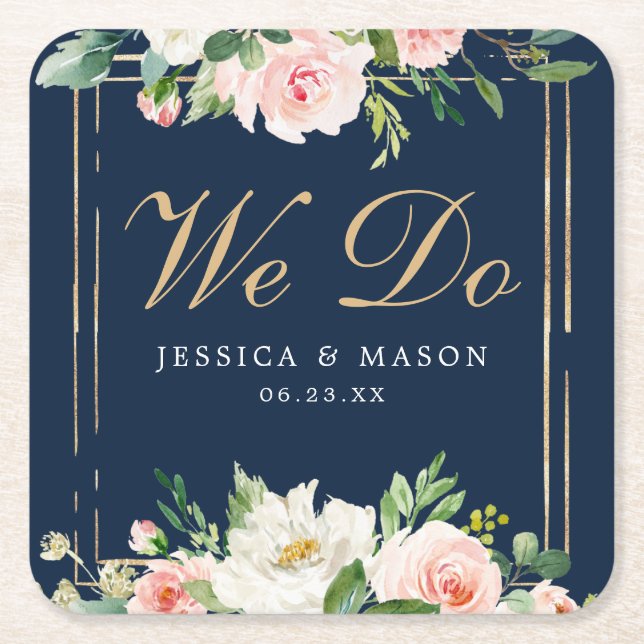 Navy Blue Gold Blush Wedding Coasters (Front)