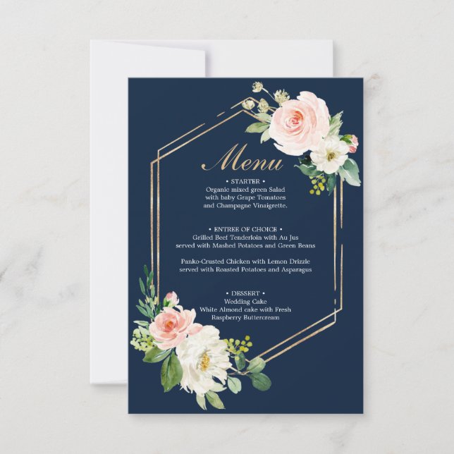 Navy Blue Gold Blush Wedding Menu or Bridal Shower Invitation (Front)