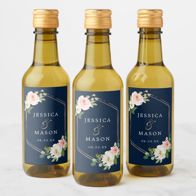 Navy Blue Gold Blush Wedding Mini Wine Labels (Bottles)
