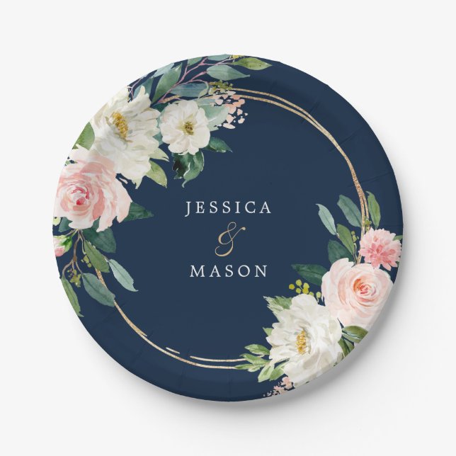 Navy Blue Gold Blush Wedding Paper Plate (Front)