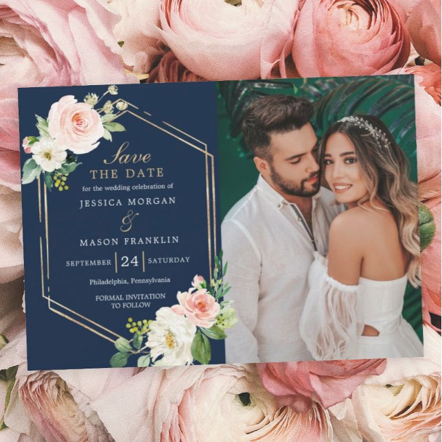Navy Blue Gold Blush Wedding Save The Date Card (Creator Uploaded)