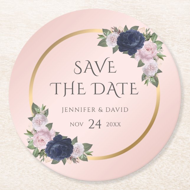 Navy Blue Gold Blush Wedding Save The Date Round Paper Coaster (Front)