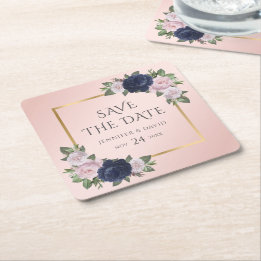 Navy Blue Gold Blush Wedding Save The Date Square Paper Coaster