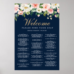 Navy Blue Gold Blush Wedding Seating Chart Sign