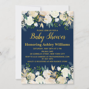 Navy Blue Gold Boho Botanical Greenery Baby Shower Invitation