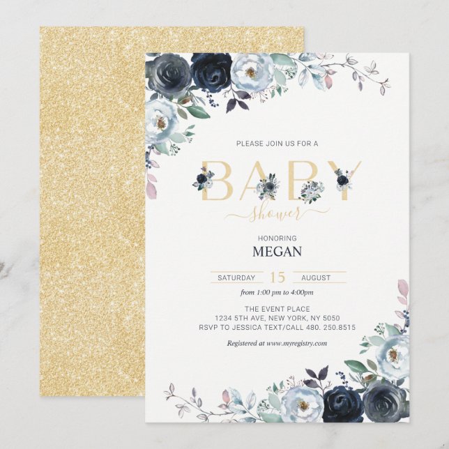 Navy Blue & Gold Boho Floral Baby Shower Invitation (Front/Back)