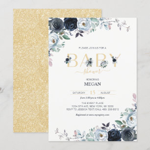 Navy Blue & Gold Boho Floral Baby Shower Invitation