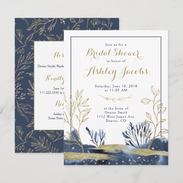Navy Blue Gold Boho Floral Bridal Shower Invitation (Front/Back)