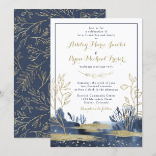 Navy Blue Gold Boho Floral Wedding Invitation