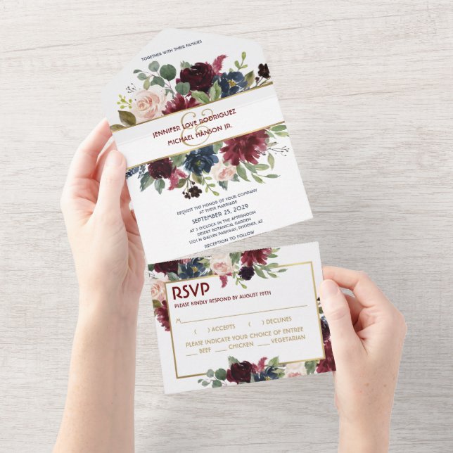 Navy Blue Gold Boho RSVP All in One Wedding Invite (Tearaway)