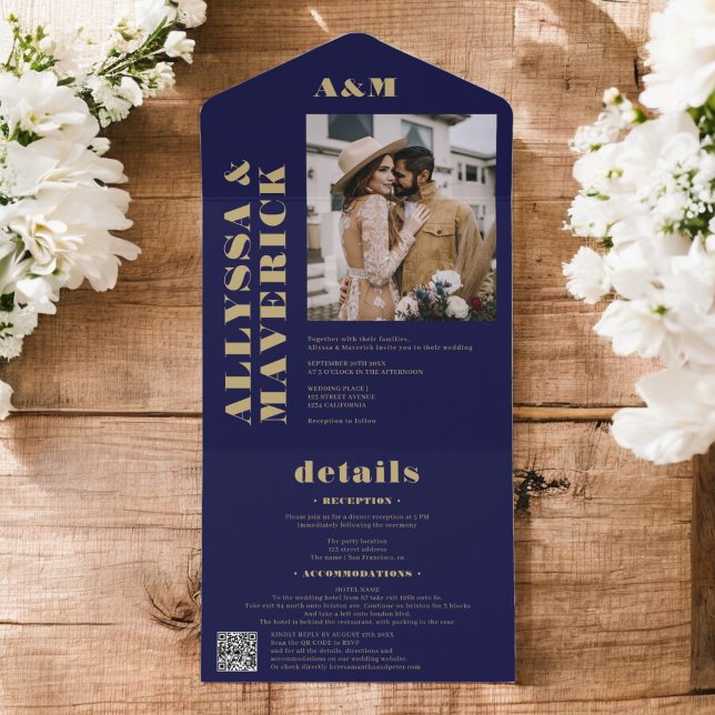 Navy blue gold boho simple monogram photo wedding all in one invitation (Navy blue gold boho simple monogram photo wedding all in one invitation)