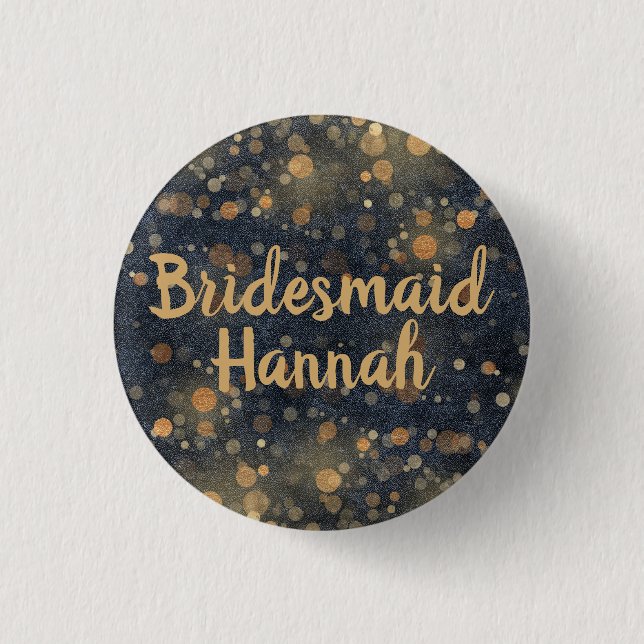Navy Blue Gold Bokeh Script Bridesmaid 3 Cm Round Badge (Front)