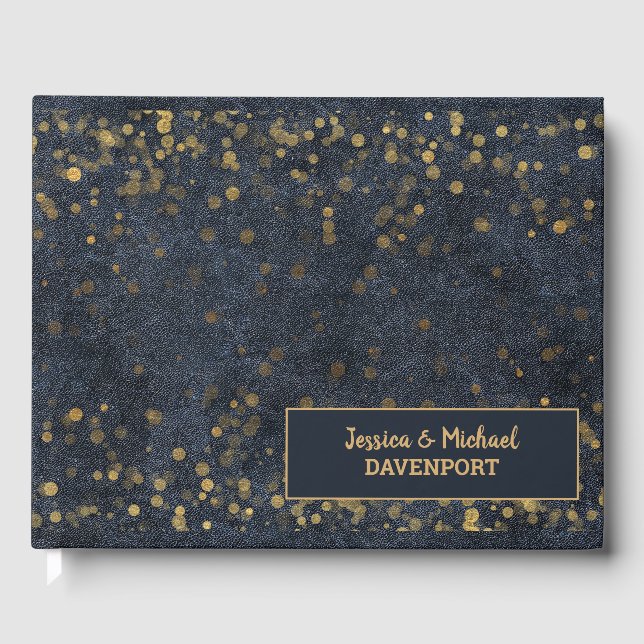 Navy Blue Gold Bokeh Wedding Guest Book (Front)