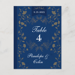 Navy Blue Gold Book Cover Wedding Table Number Postcard