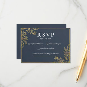 Navy Blue Gold Botanical Classic Wedding RSVP Card