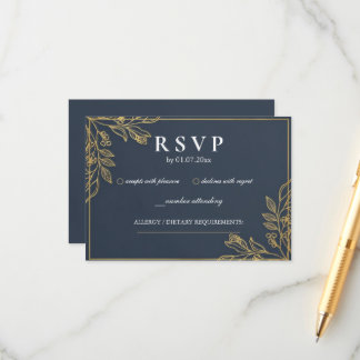 Navy Blue Gold Botanical Classic Wedding RSVP Card