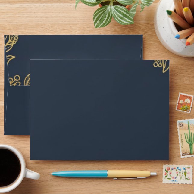 Navy Blue Gold Botanical Custom Wedding Envelopes (Desk)