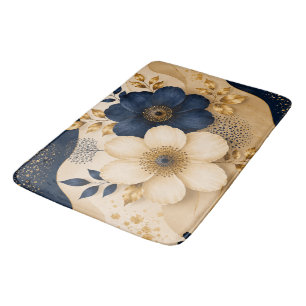 Navy Blue & Gold Botanical Floral Pattern Bath Mat