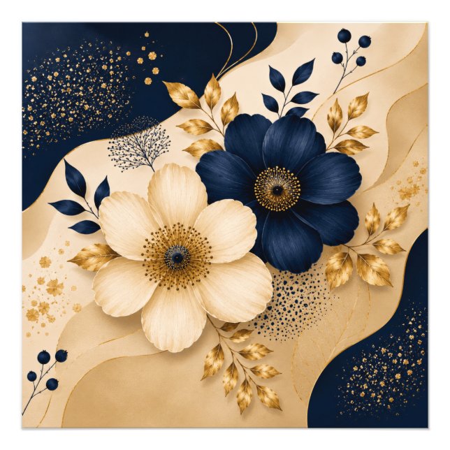 Navy Blue & Gold Botanical Floral Pattern  Photo Print (Front)