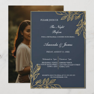 Navy Blue Gold Botanical Photo Rehearsal Dinner Invitation