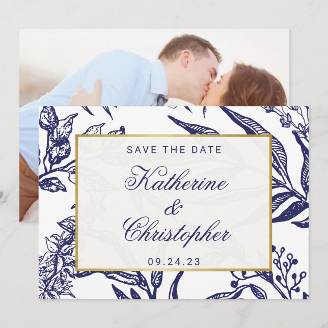 Navy Blue Gold Botanical Photo Save the Date (Front/Back)