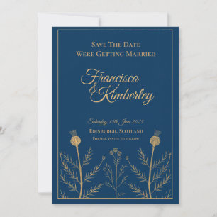 Navy Blue Gold Botanical Thistle Personalised Save Invitation