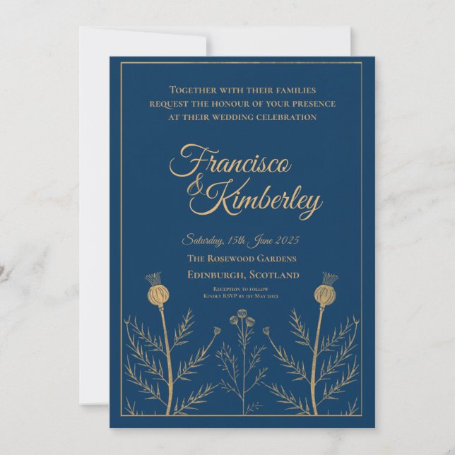 Navy Blue Gold Botanical Thistle Personalised Wedd Invitation (Front)