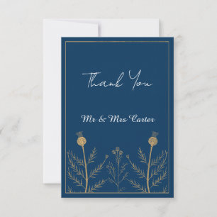 Navy Blue Gold Botanical Wedding Thank You Card