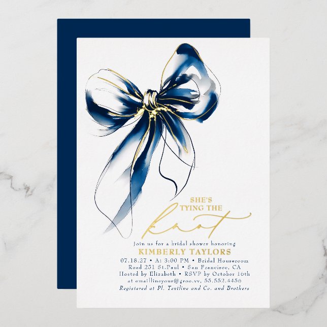 Navy Blue Gold Bow Elegant Whimsical Bridal Shower (Front/Back)