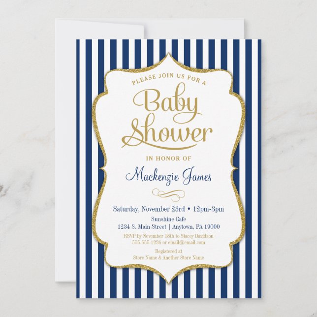 Navy Blue Gold Boy Baby Shower Invitation Stripes (Front)