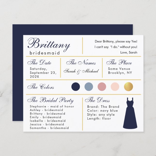 Navy Blue Gold Bridesmaid Information Card (Front/Back)