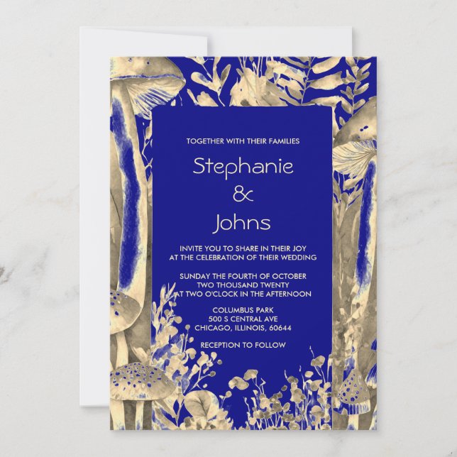 Navy Blue Gold Brown Mushroom Woodland Wedding Invitation (Front)