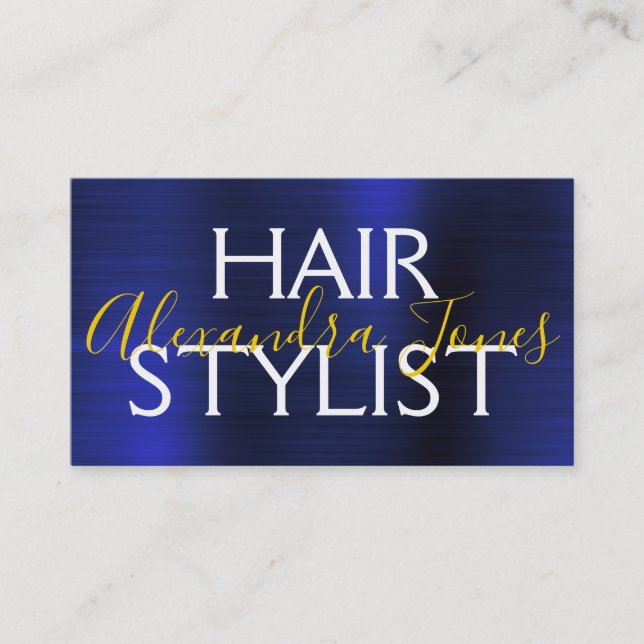 Navy Blue Gold Brushed Metal Hair Stylist Business Card (Front)