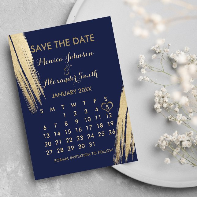 Navy Blue Gold Brushstrokes Calendar Save the Date Announcement Postcard (Navy Blue Gold Brushstrokes Calendar Save the Date Announcement )