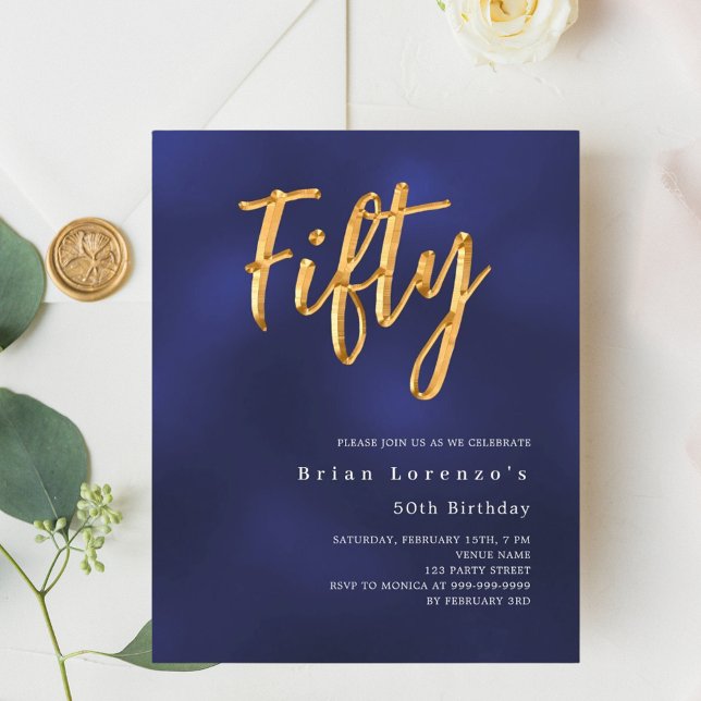 Navy blue gold budget 50th birthday invitation (Creator Uploaded)