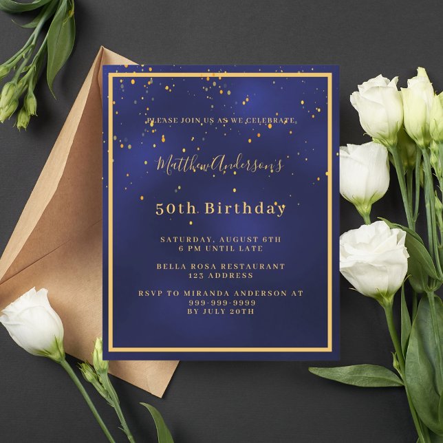 Navy blue gold budget birthday invitation (Creator Uploaded)