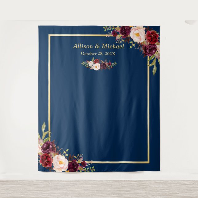Navy Blue Gold Burgundy Floral Wedding Backdrop Tapestry (Front)