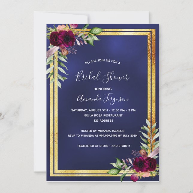 Navy blue gold burgundy florals Bridal Shower Invitation (Front)