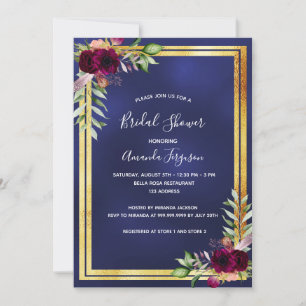 Navy blue gold burgundy florals Bridal Shower Invitation