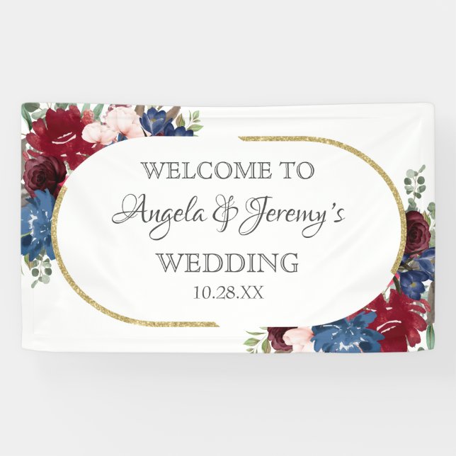Navy Blue Gold Burgundy Red Blush Floral Wedding   Banner (Horizontal)