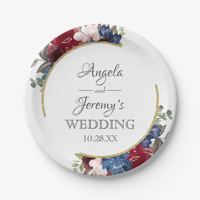Navy Blue Gold Burgundy Red Blush Floral Wedding  Paper Plate (Front)
