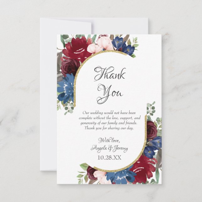 Navy Blue Gold Burgundy Red Blush Floral Wedding Thank You Card (Front)